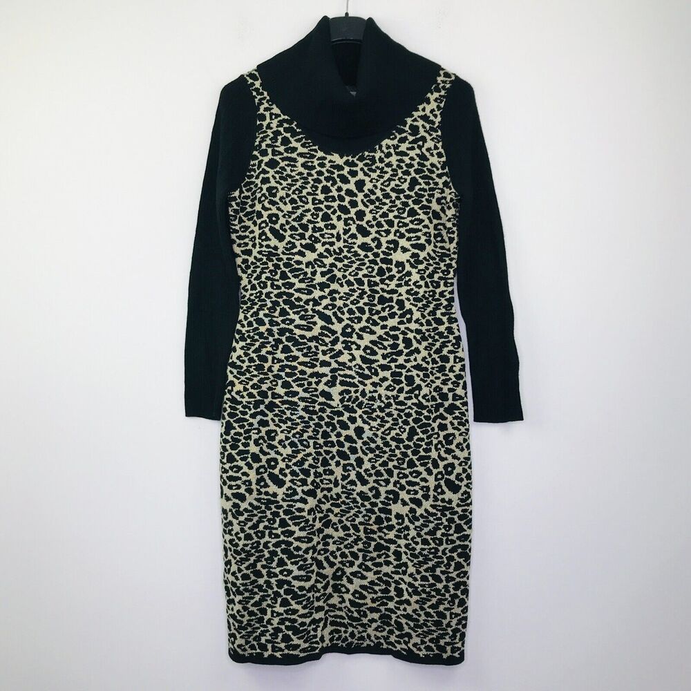 Calvin Klein Women's Medium Sweater Dress Black Gold Leopard Turtleneck BI24